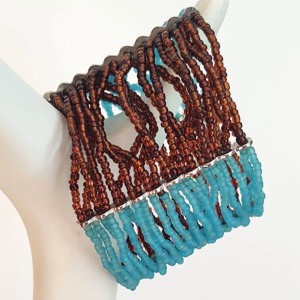 Blue and brown seed bead wide stretch bracelet